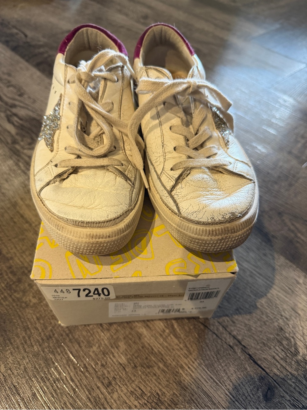 Golden Goose May Sneakers with Magenta and Silver Accent.